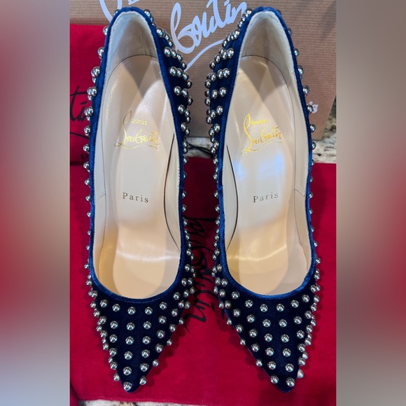 Christian Louboutin BILLY 120 Velvet Silver Studded Eclipse High Heels EU 37 - Picture 2 of 14
